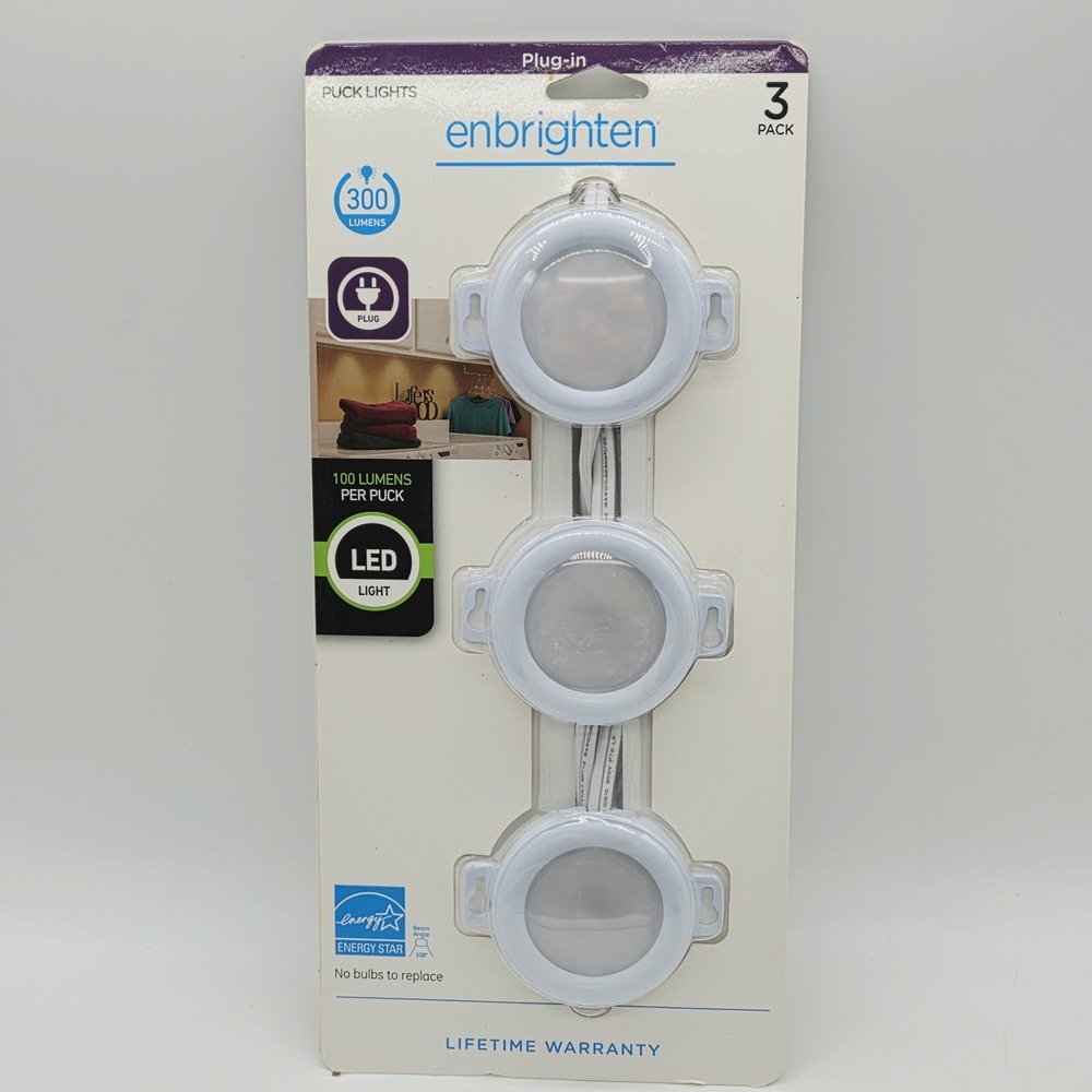 NEW Enbrighten Puck Lights 3-pack Plug In White LED Lights #44410 *READ